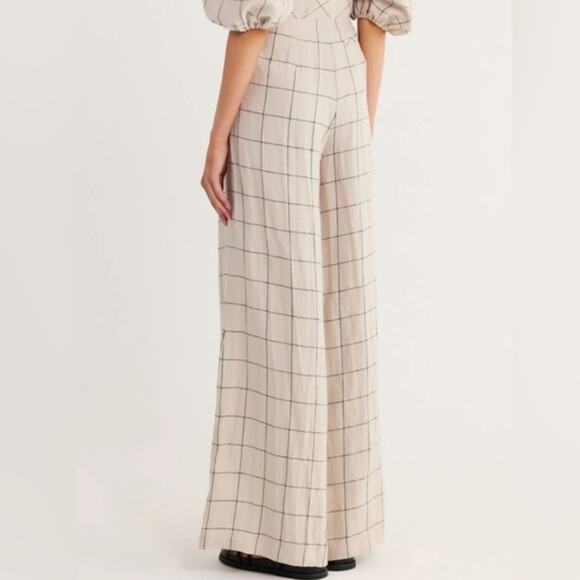 Rumer The Label Quinn Plaid Linen Wide Leg Pants Ivory High Waist Pleated NWT S - Picture 3 of 12